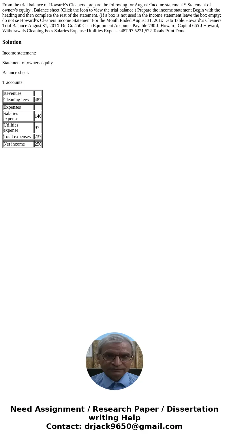 From the trial balance of Howard\'s Cleaners, prepare the following for August ·Income statement * Statement of owner\'s equity . Balance sheet (Click the icon  From the trial balance of Howard\'s Cleaners, prepare the following for August ·Income statement * Statement of owner\'s equity . Balance sheet (Click the icon