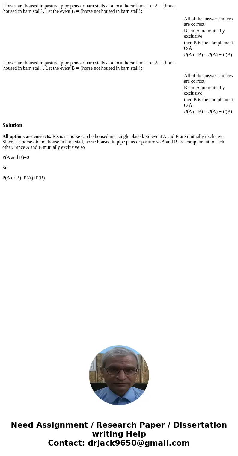 Horses are housed in pasture, pipe pens or barn stalls at a local horse barn. Let A = {horse housed in barn stall}. Let the event B = {horse not housed in barn  Horses are housed in pasture, pipe pens or barn stalls at a local horse barn. Let A = {horse housed in barn stall}. Let the event B = {horse not housed in barn