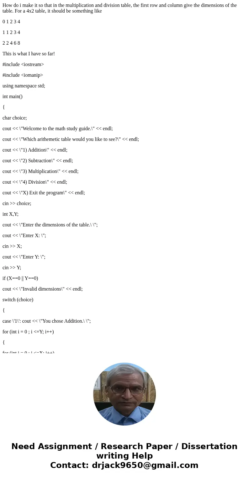 How do i make it so that in the multiplication and division table, the first row and column give the dimensions of the table. For a 4x2 table, it should be some How do i make it so that in the multiplication and division table, the first row and column give the dimensions of the table. For a 4x2 table, it should be some