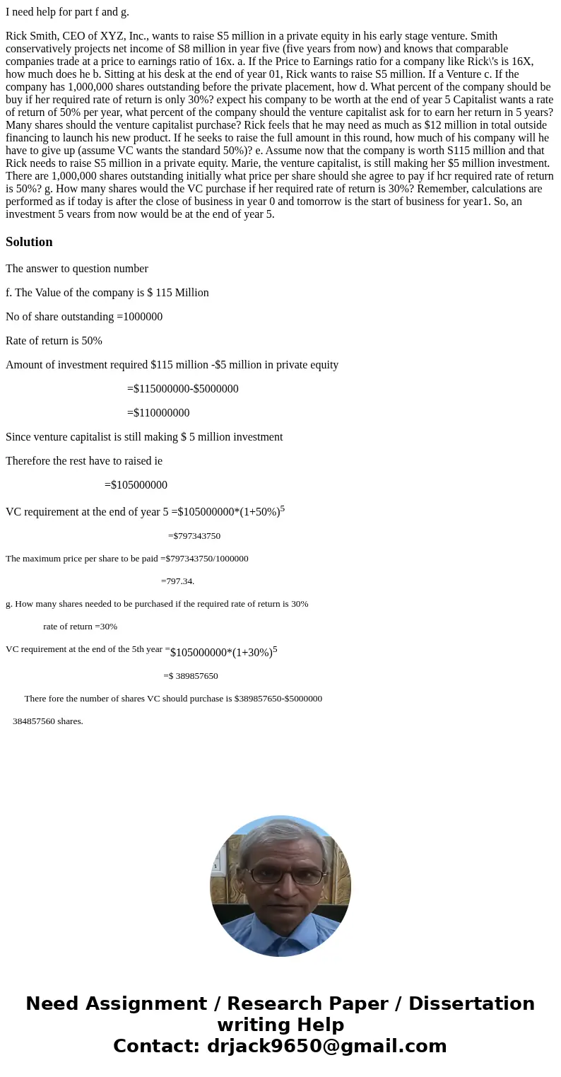I need help for part f and g. Rick Smith, CEO of XYZ, Inc., wants to raise S5 million in a private equity in his early stage venture. Smith conservatively proje