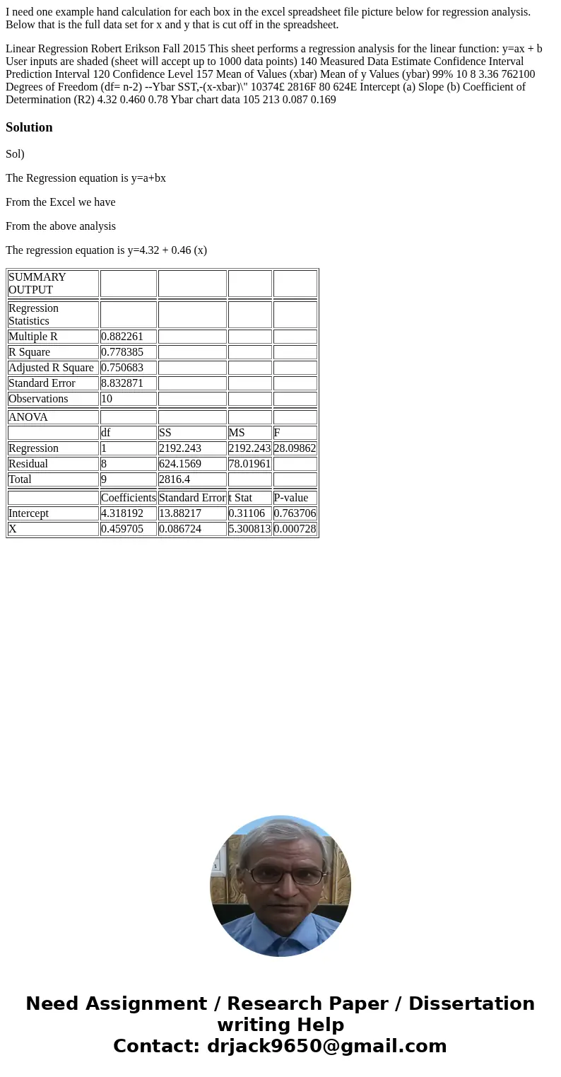 I need one example hand calculation for each box in the excel spreadsheet file picture below for regression analysis. Below that is the full data set for x and  I need one example hand calculation for each box in the excel spreadsheet file picture below for regression analysis. Below that is the full data set for x and