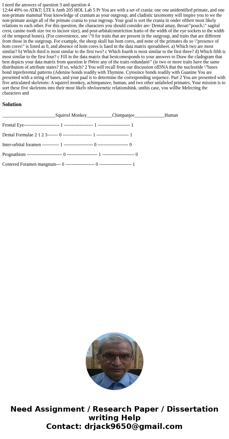 I need the answers of question 3 and question 4 12:44 49% oo AT&T; LTE k Anth 205 HOL Lab 5 Pr You are with a set of crania: one one unidentified primate, a I need the answers of question 3 and question 4 12:44 49% oo AT&T; LTE k Anth 205 HOL Lab 5 Pr You are with a set of crania: one one unidentified primate, a