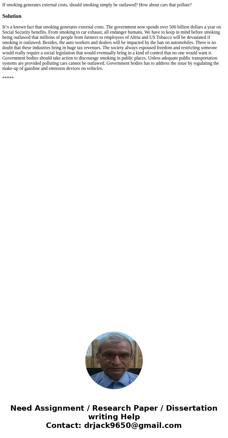 If smoking generates external costs, should smoking simply be outlawed? How about cars that pollute?SolutionIt\'s a known fact that smoking generates external c If smoking generates external costs, should smoking simply be outlawed? How about cars that pollute?SolutionIt\'s a known fact that smoking generates external c