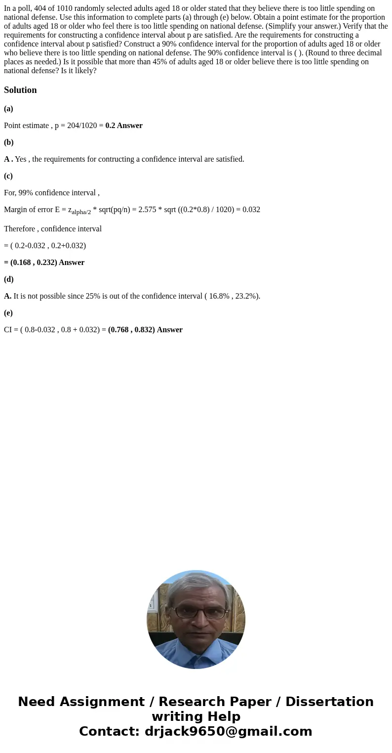 In a poll, 404 of 1010 randomly selected adults aged 18 or older stated that they believe there is too little spending on national defense. Use this informatio  In a poll, 404 of 1010 randomly selected adults aged 18 or older stated that they believe there is too little spending on national defense. Use this informatio