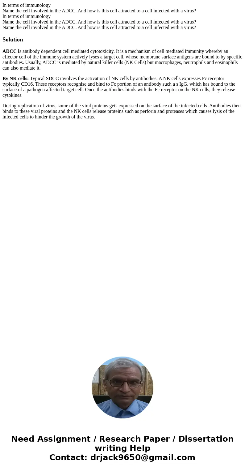 In terms of immunology Name the cell involved in the ADCC. And how is this cell attracted to a cell infected with a virus? In terms of immunology Name the cell  In terms of immunology Name the cell involved in the ADCC. And how is this cell attracted to a cell infected with a virus? In terms of immunology Name the cell