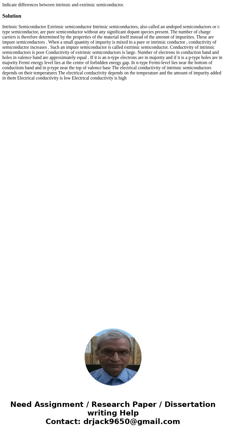 Indicate differences between intrinsic and extrinsic semiconductor.Solution Intrinsic Semiconductor Extrinsic semiconductor Intrinsic semiconductors, also calle