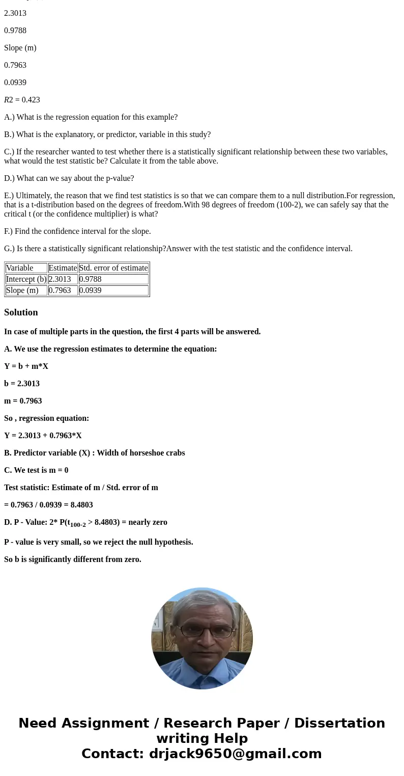 Inference for Regression A fisheries biologist has been studying horseshoe crabs. She has sampled 100 horseshoe crabs and recorded their weight (in kilograms) a Inference for Regression A fisheries biologist has been studying horseshoe crabs. She has sampled 100 horseshoe crabs and recorded their weight (in kilograms) a