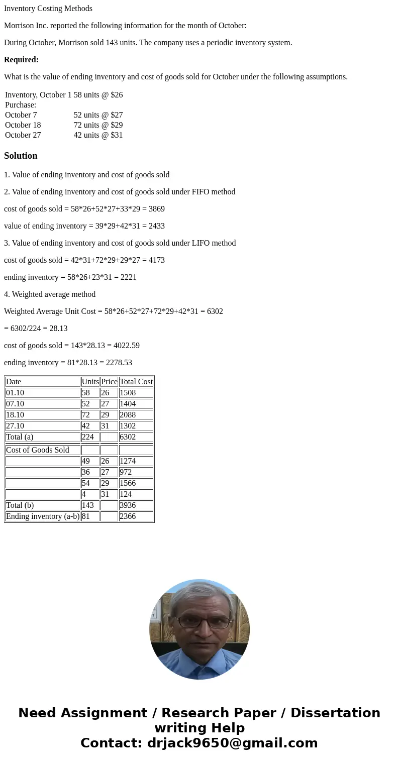 Inventory Costing Methods Morrison Inc. reported the following information for the month of October: During October, Morrison sold 143 units. The company uses a