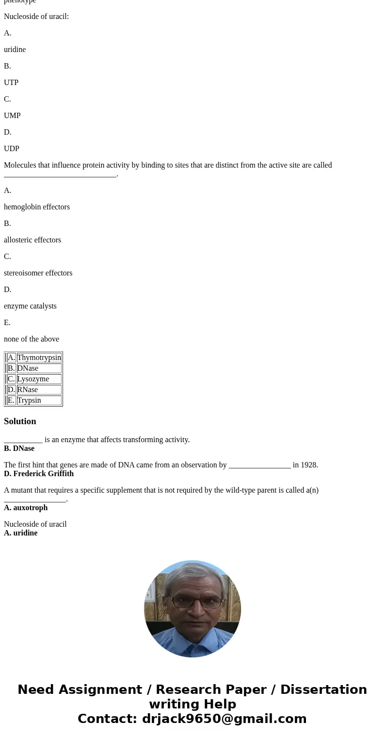 __________ is an enzyme that affects transforming activity. A. Thymotrypsin B. DNase C. Lysozyme D. RNase E. Trypsin The first hint that genes are made of DNA c __________ is an enzyme that affects transforming activity. A. Thymotrypsin B. DNase C. Lysozyme D. RNase E. Trypsin The first hint that genes are made of DNA c