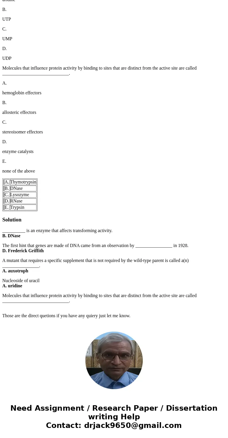 __________ is an enzyme that affects transforming activity. A. Thymotrypsin B. DNase C. Lysozyme D. RNase E. Trypsin The first hint that genes are made of DNA c __________ is an enzyme that affects transforming activity. A. Thymotrypsin B. DNase C. Lysozyme D. RNase E. Trypsin The first hint that genes are made of DNA c
