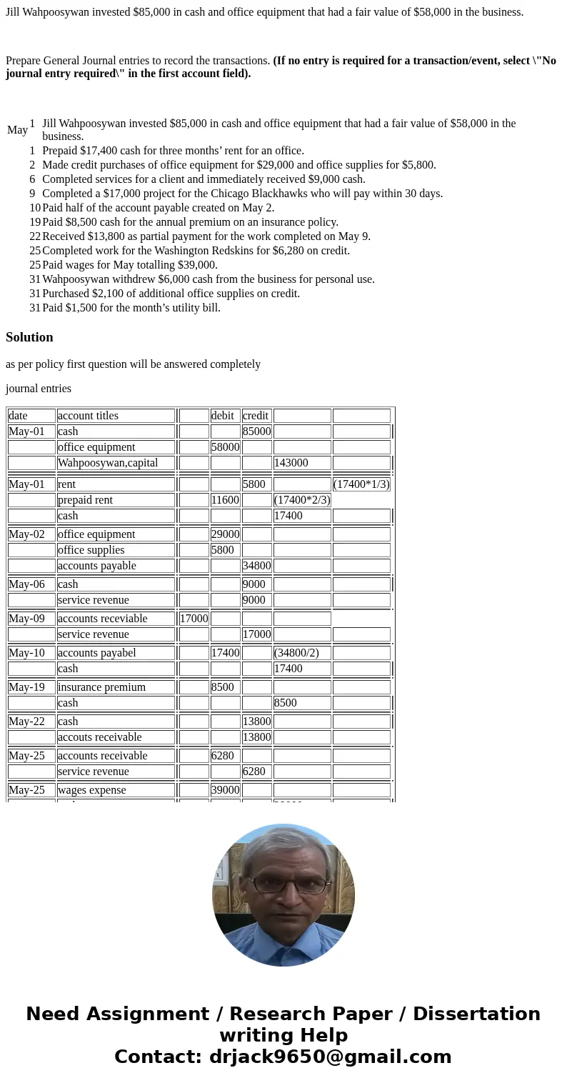 Jill Wahpoosywan invested $85,000 in cash and office equipment that had a fair value of $58,000 in the business. Prepare General Journal entries to record the t
