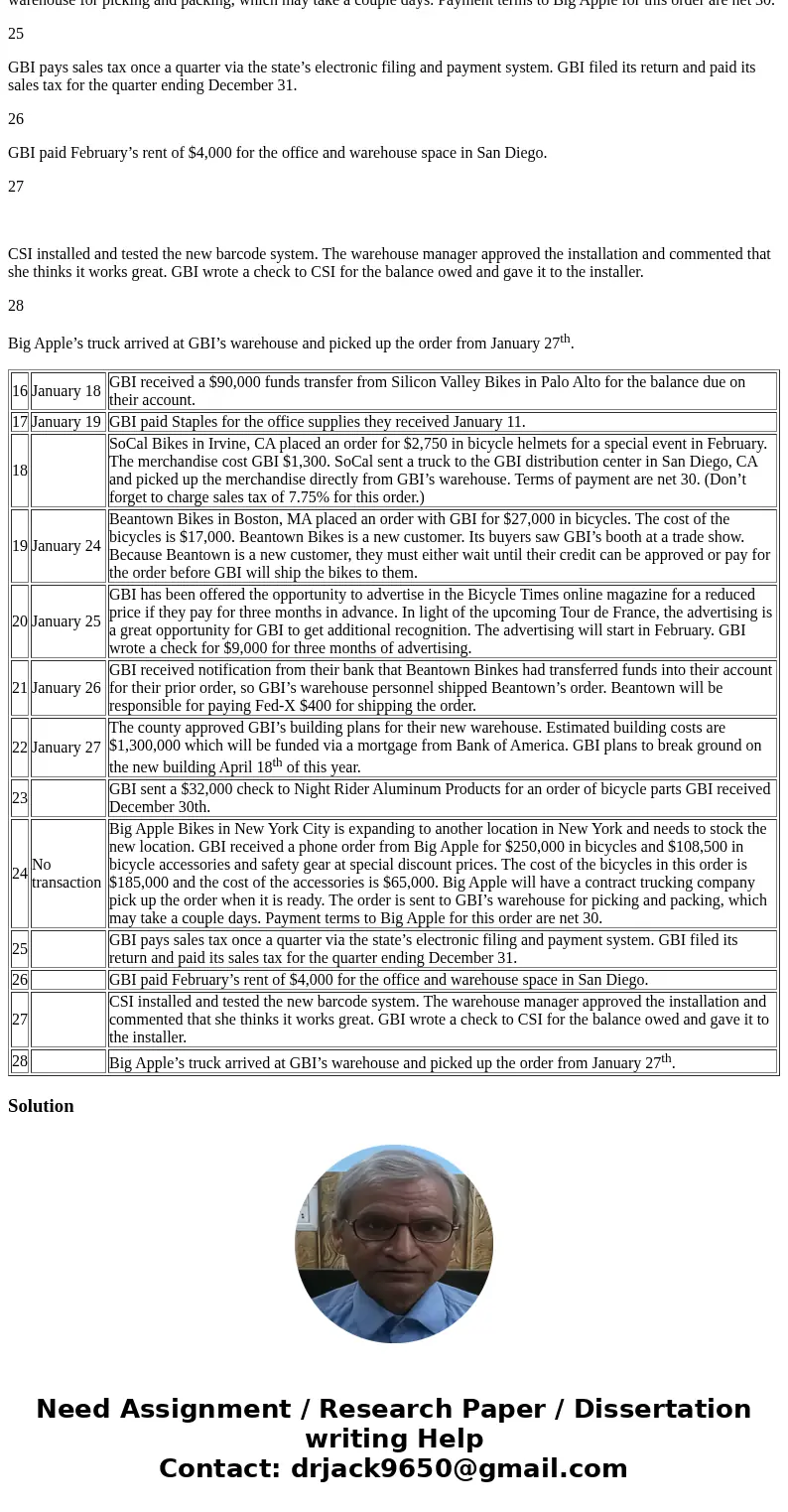 JOURNAL ENTRIES OF: 16 January 18 GBI received a $90,000 funds transfer from Silicon Valley Bikes in Palo Alto for the balance due on their account. 17 January  JOURNAL ENTRIES OF: 16 January 18 GBI received a $90,000 funds transfer from Silicon Valley Bikes in Palo Alto for the balance due on their account. 17 January