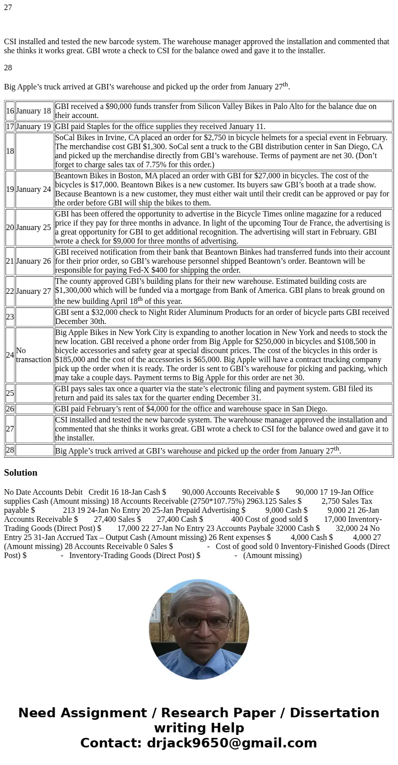 JOURNAL ENTRIES OF: 16 January 18 GBI received a $90,000 funds transfer from Silicon Valley Bikes in Palo Alto for the balance due on their account. 17 January  JOURNAL ENTRIES OF: 16 January 18 GBI received a $90,000 funds transfer from Silicon Valley Bikes in Palo Alto for the balance due on their account. 17 January