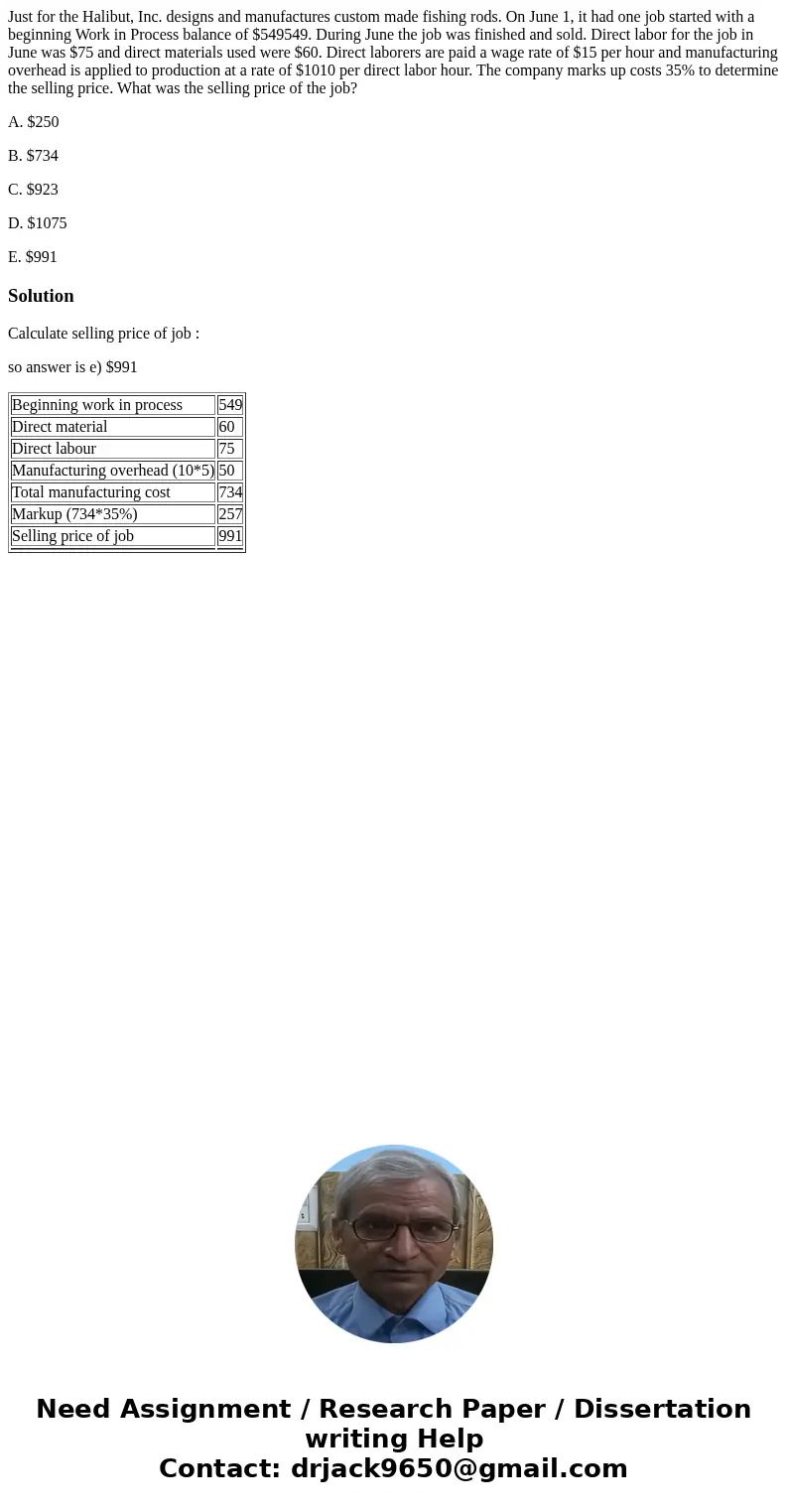 Just for the Halibut, Inc. designs and manufactures custom made fishing rods. On June 1, it had one job started with a beginning Work in Process balance of $549 Just for the Halibut, Inc. designs and manufactures custom made fishing rods. On June 1, it had one job started with a beginning Work in Process balance of $549