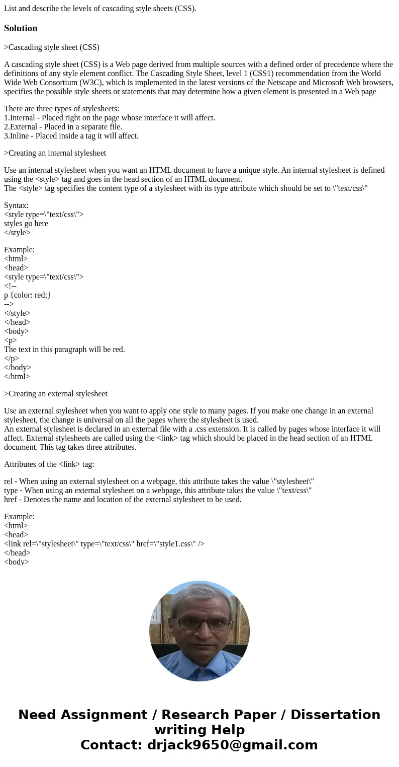 List and describe the levels of cascading style sheets (CSS).Solution>Cascading style sheet (CSS) A cascading style sheet (CSS) is a Web page derived from mu List and describe the levels of cascading style sheets (CSS).Solution>Cascading style sheet (CSS) A cascading style sheet (CSS) is a Web page derived from mu