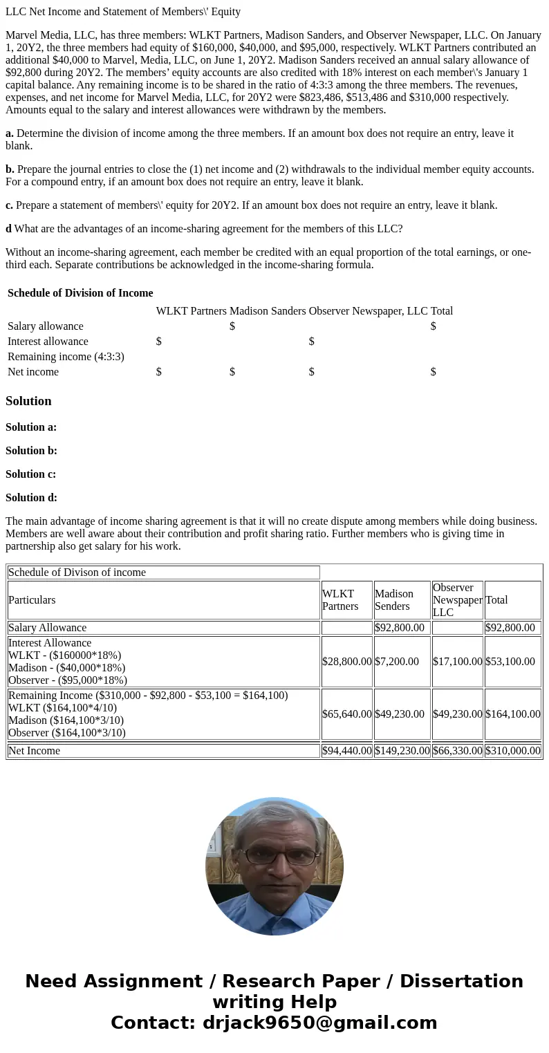 LLC Net Income and Statement of Members\' Equity Marvel Media, LLC, has three members: WLKT Partners, Madison Sanders, and Observer Newspaper, LLC. On January 1