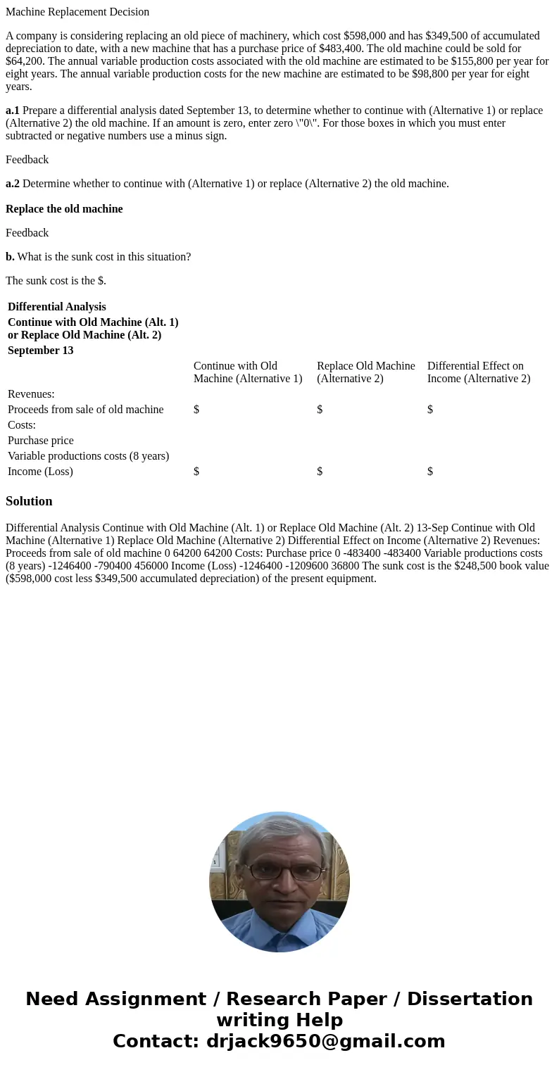 Machine Replacement Decision A company is considering replacing an old piece of machinery, which cost $598,000 and has $349,500 of accumulated depreciation to d