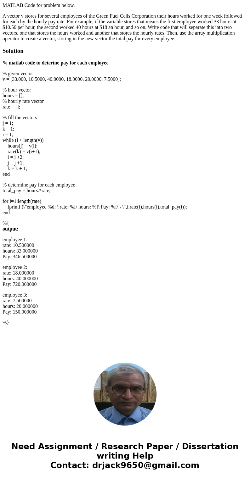 MATLAB Code for problem below. A vector v stores for several employees of the Green Fuel Cells Corporation their hours worked for one week followed for each by 