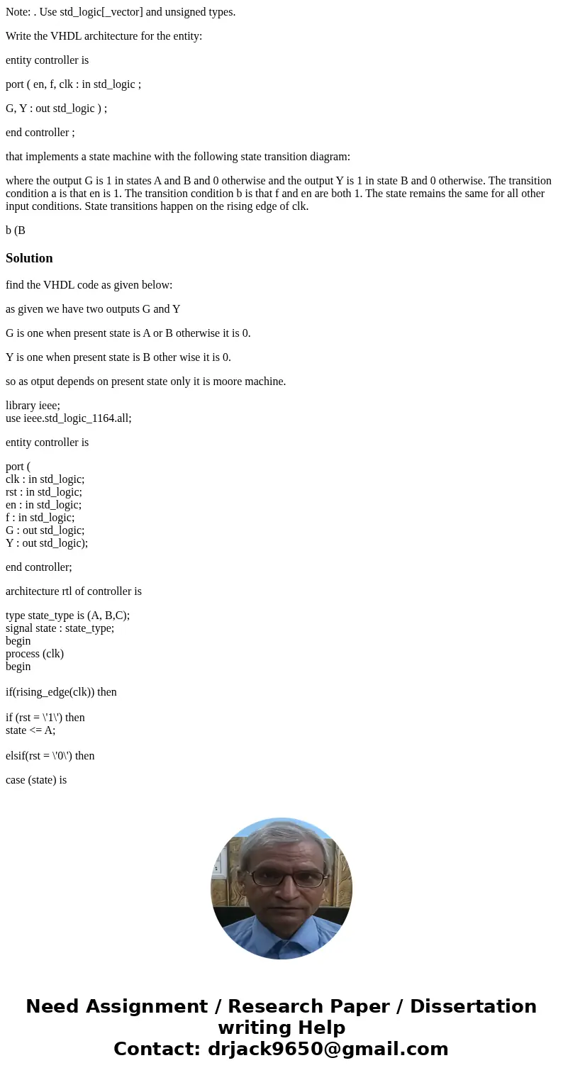 Note: . Use std_logic[_vector] and unsigned types. Write the VHDL architecture for the entity: entity controller is port ( en, f, clk : in std_logic ; G, Y : ou