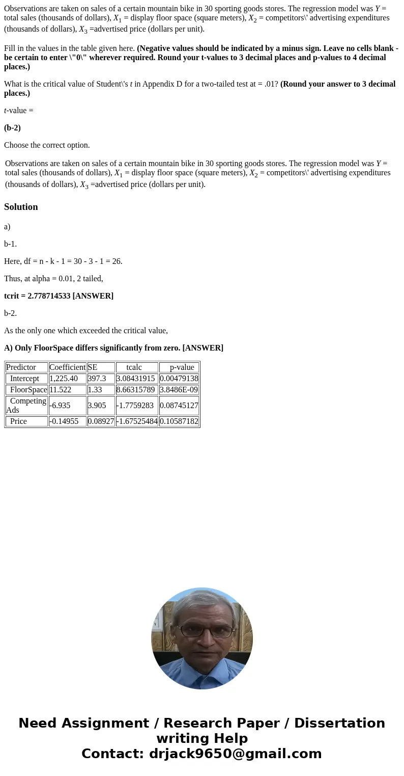 Observations are taken on sales of a certain mountain bike in 30 sporting goods stores. The regression model was Y = total sales (thousands of dollars), X1 = di Observations are taken on sales of a certain mountain bike in 30 sporting goods stores. The regression model was Y = total sales (thousands of dollars), X1 = di