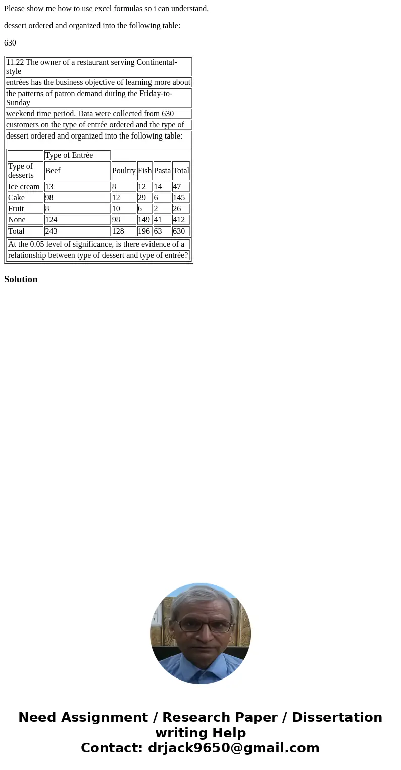 Please show me how to use excel formulas so i can understand. dessert ordered and organized into the following table: 630 11.22 The owner of a restaurant servin