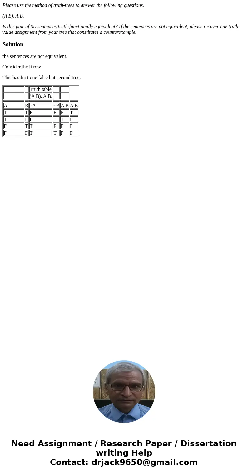 Please use the method of truth-trees to answer the following questions. (A B), A B. Is this pair of SL-sentences truth-functionally equivalent? If the sentences