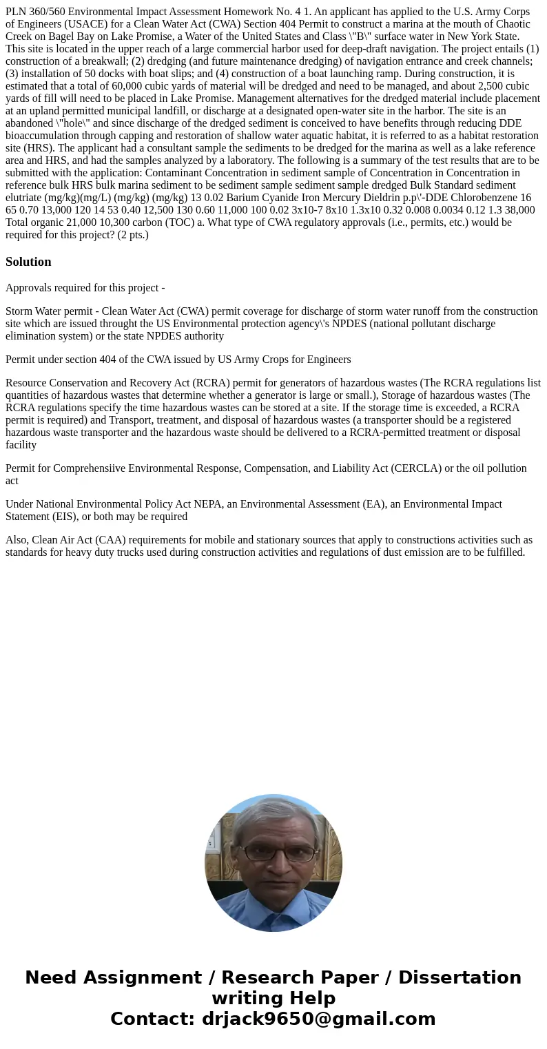  PLN 360/560 Environmental Impact Assessment Homework No. 4 1. An applicant has applied to the U.S. Army Corps of Engineers (USACE) for a Clean Water Act (CWA) 