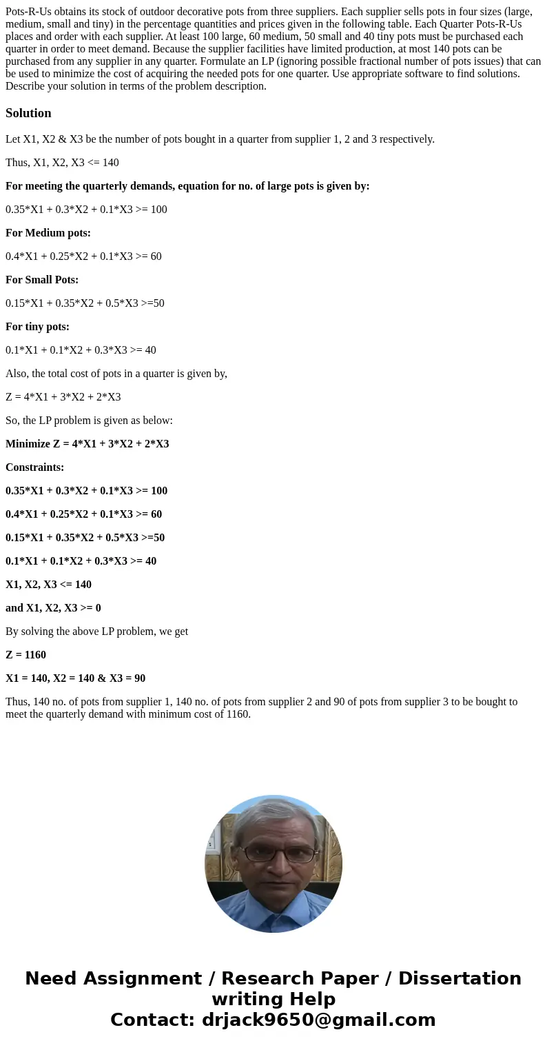  Pots-R-Us obtains its stock of outdoor decorative pots from three suppliers. Each supplier sells pots in four sizes (large, medium, small and tiny) in the perc