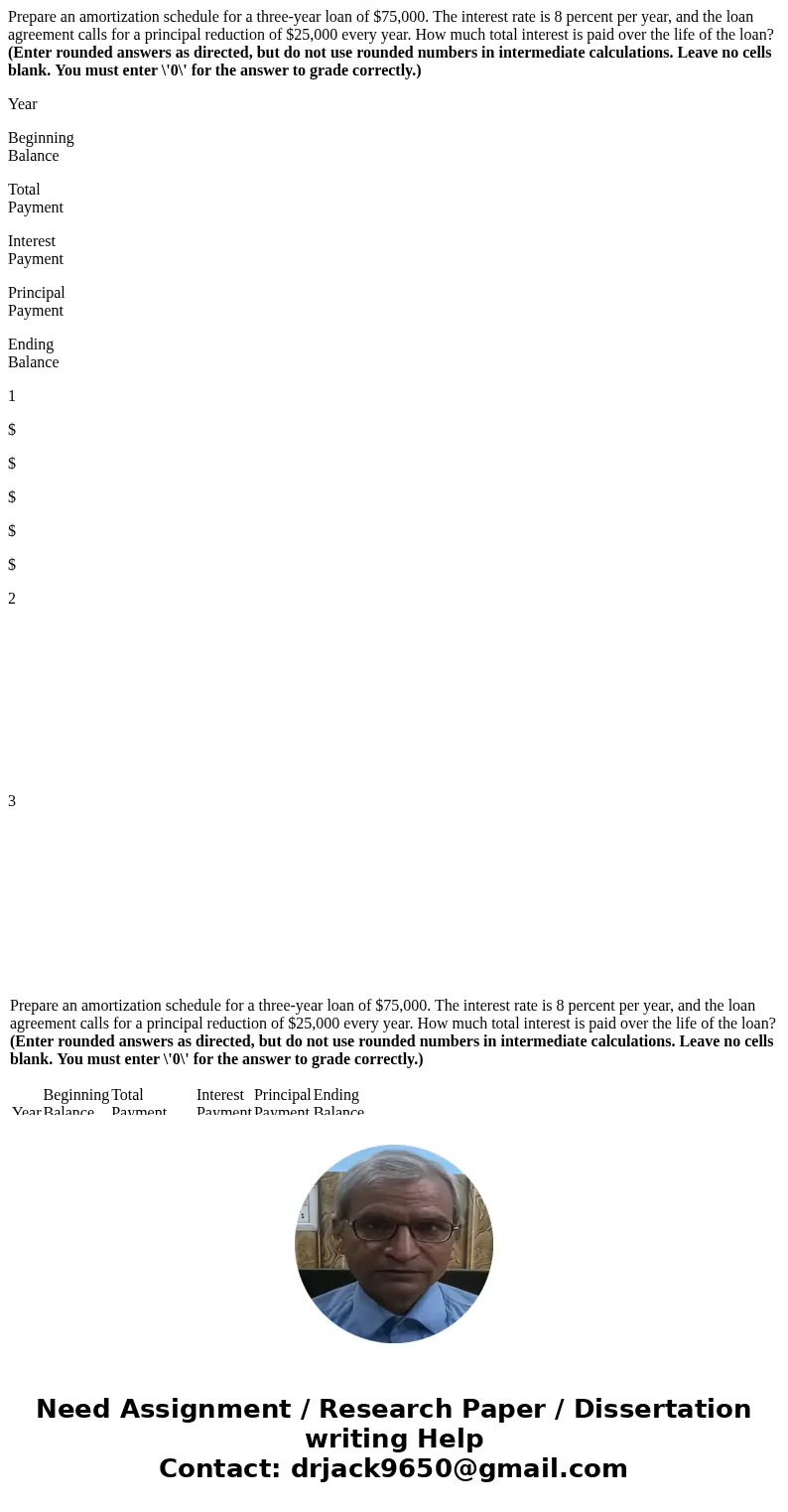 Prepare an amortization schedule for a three-year loan of $75,000. The interest rate is 8 percent per year, and the loan agreement calls for a principal reducti