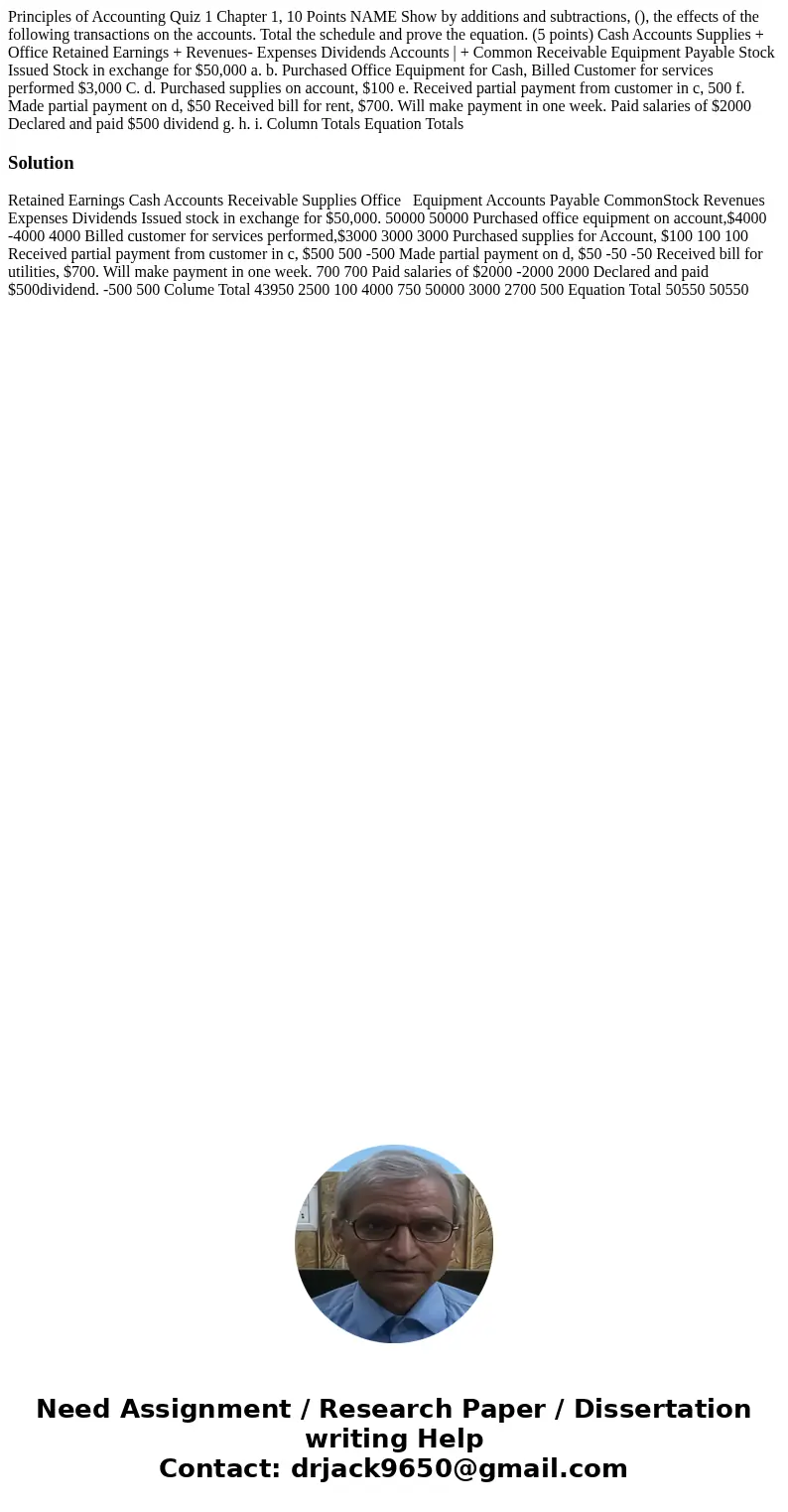 Principles of Accounting Quiz 1 Chapter 1, 10 Points NAME Show by additions and subtractions, (), the effects of the following transactions on the accounts. To  Principles of Accounting Quiz 1 Chapter 1, 10 Points NAME Show by additions and subtractions, (), the effects of the following transactions on the accounts. To