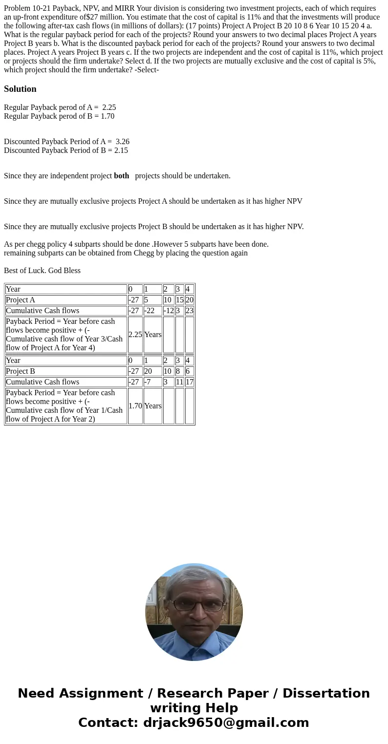 Problem 10-21 Payback, NPV, and MIRR Your division is considering two investment projects, each of which requires an up-front expenditure of$27 million. You es  Problem 10-21 Payback, NPV, and MIRR Your division is considering two investment projects, each of which requires an up-front expenditure of$27 million. You es