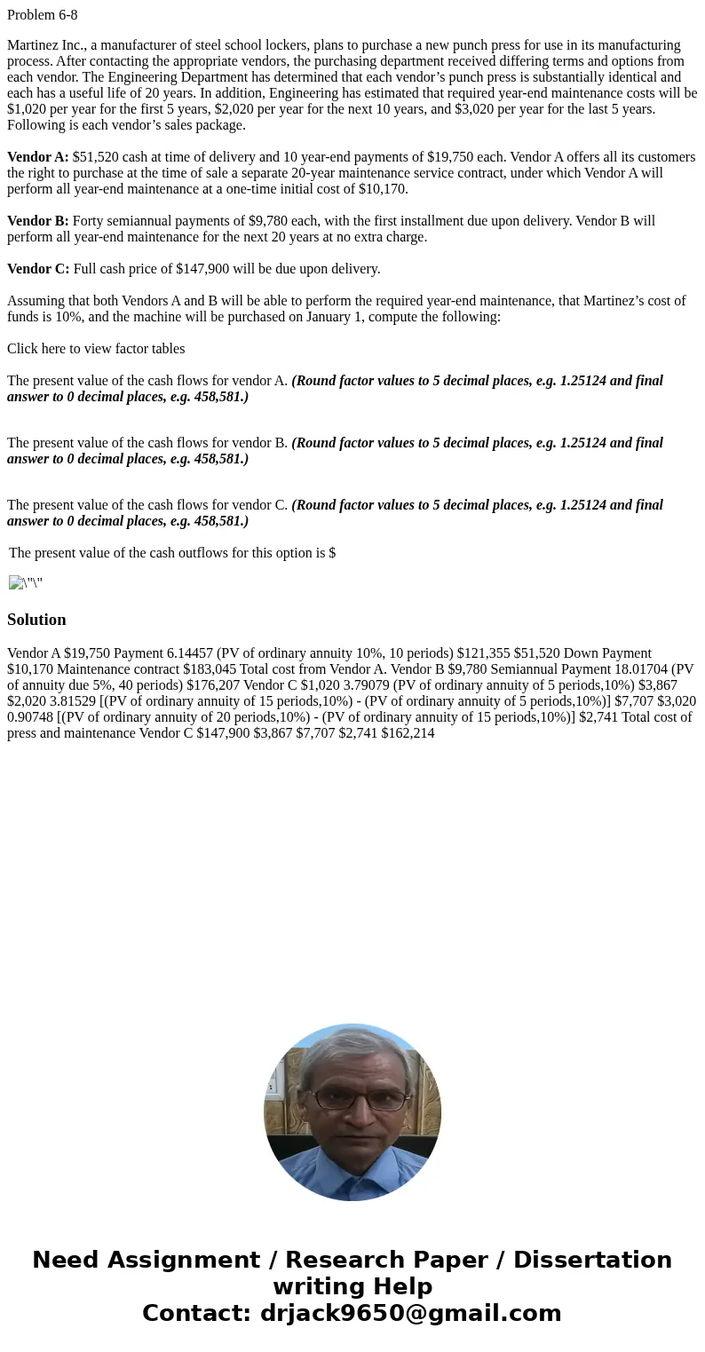 Problem 6-8 Martinez Inc., a manufacturer of steel school lockers, plans to purchase a new punch press for use in its manufacturing process. After contacting th