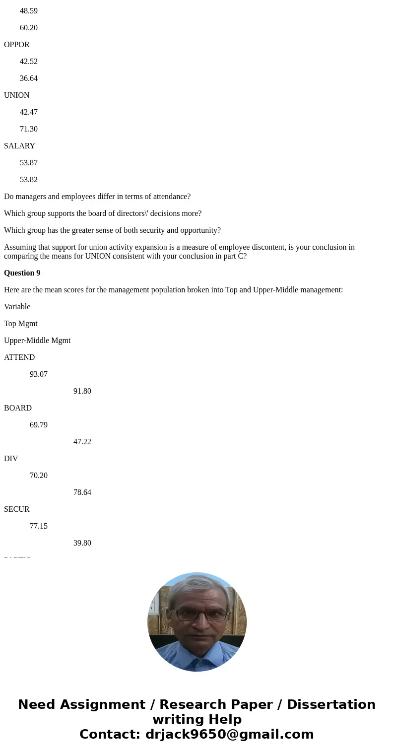 Questions 8, 9,&10 In a hypothetical study of a major North American automobile manufacturer, employees provided opinions on a scale of 0 to 100 as follows: Questions 8, 9,&10 In a hypothetical study of a major North American automobile manufacturer, employees provided opinions on a scale of 0 to 100 as follows: