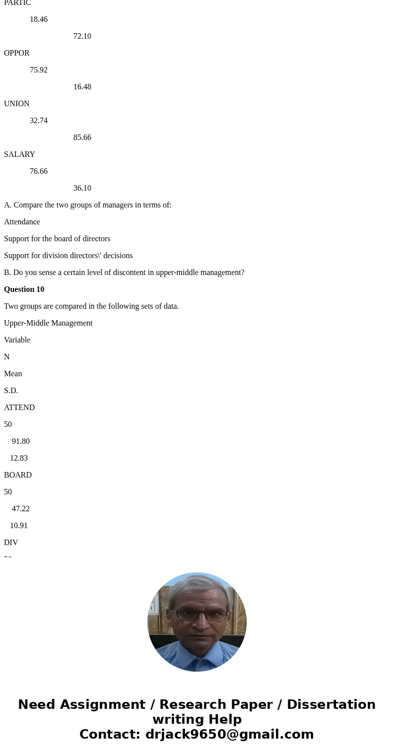Questions 8, 9,&10 In a hypothetical study of a major North American automobile manufacturer, employees provided opinions on a scale of 0 to 100 as follows: Questions 8, 9,&10 In a hypothetical study of a major North American automobile manufacturer, employees provided opinions on a scale of 0 to 100 as follows: