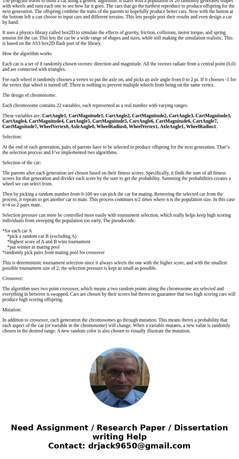 Review and analyze the genetic algorithm at the website http://gencar.co/ or http://boxcar2d.com/. Discuss the algorithm’s goals and how it works. Please provid