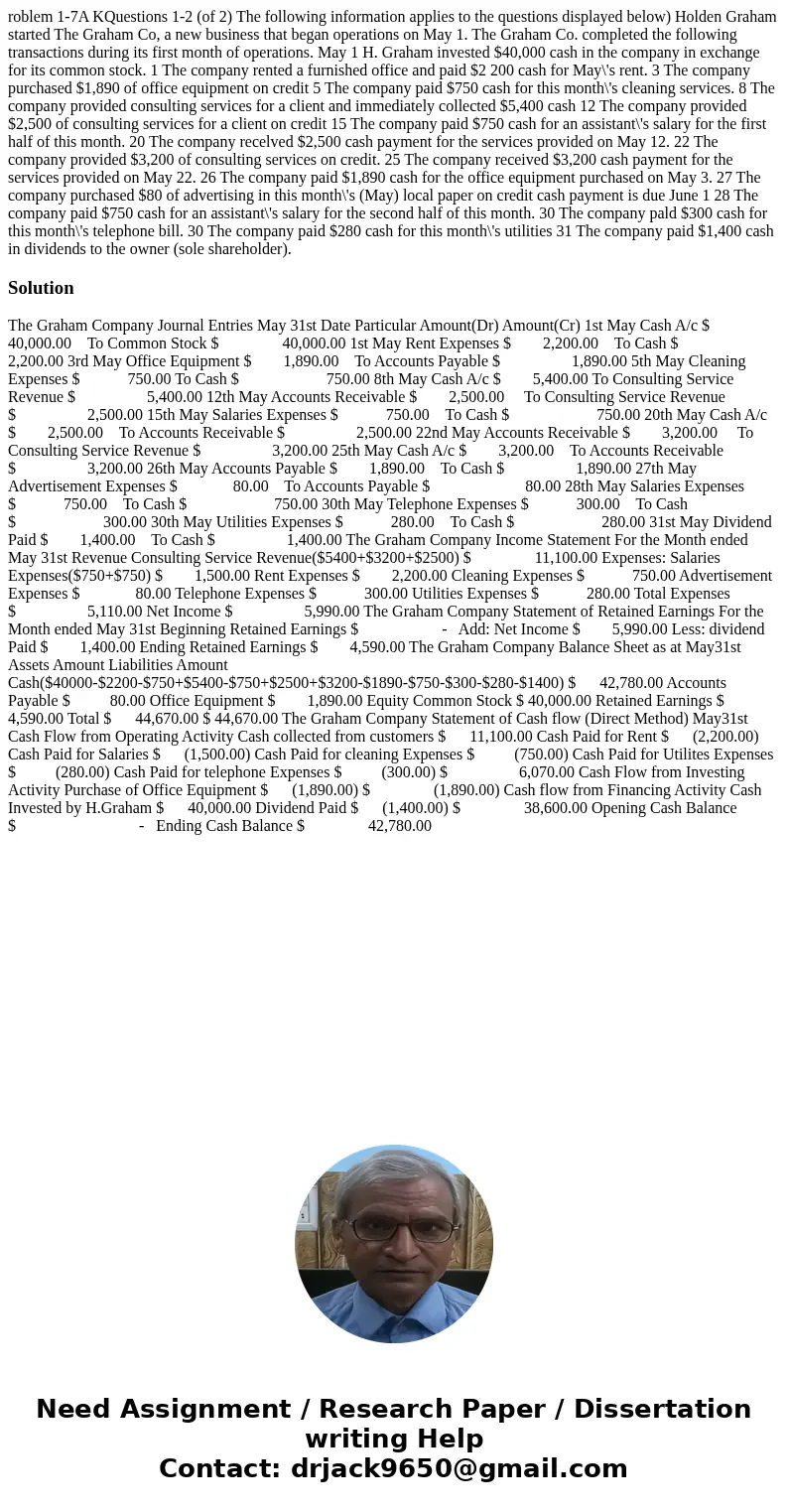 roblem 1-7A KQuestions 1-2 (of 2) The following information applies to the questions displayed below) Holden Graham started The Graham Co, a new business that   roblem 1-7A KQuestions 1-2 (of 2) The following information applies to the questions displayed below) Holden Graham started The Graham Co, a new business that