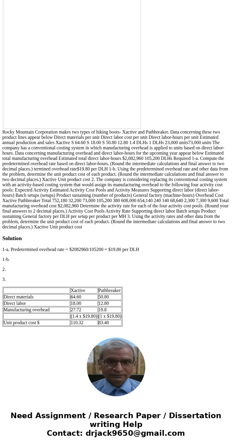  Rocky Mountain Corporation makes two types of hiking boots—Xactive and Pathbreaker. Data concerning these two product lines appear below: Rocky Mountain Corpor