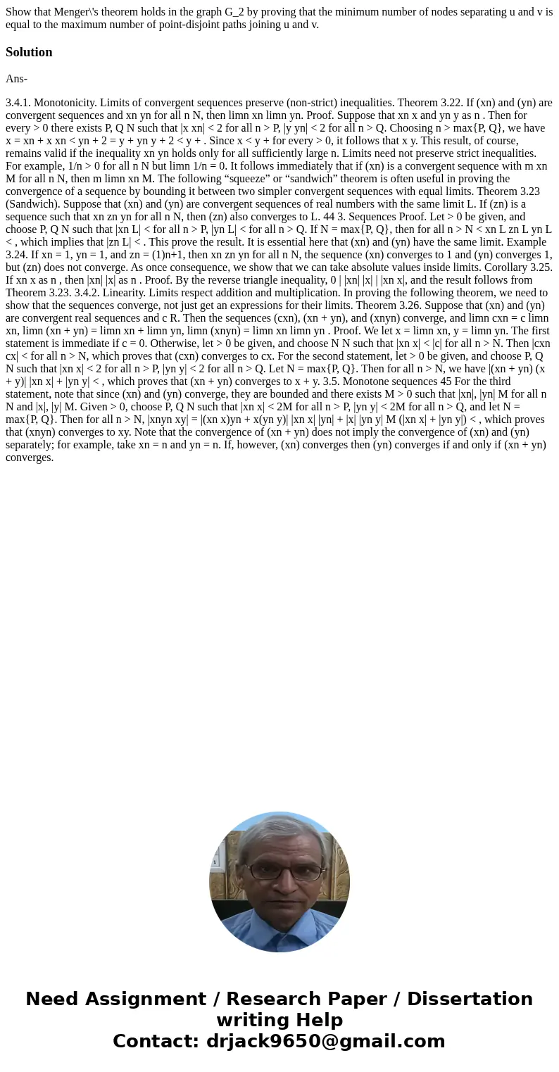 Show that Menger\'s theorem holds in the graph G_2 by proving that the minimum number of nodes separating u and v is equal to the maximum number of point-disjo  Show that Menger\'s theorem holds in the graph G_2 by proving that the minimum number of nodes separating u and v is equal to the maximum number of point-disjo