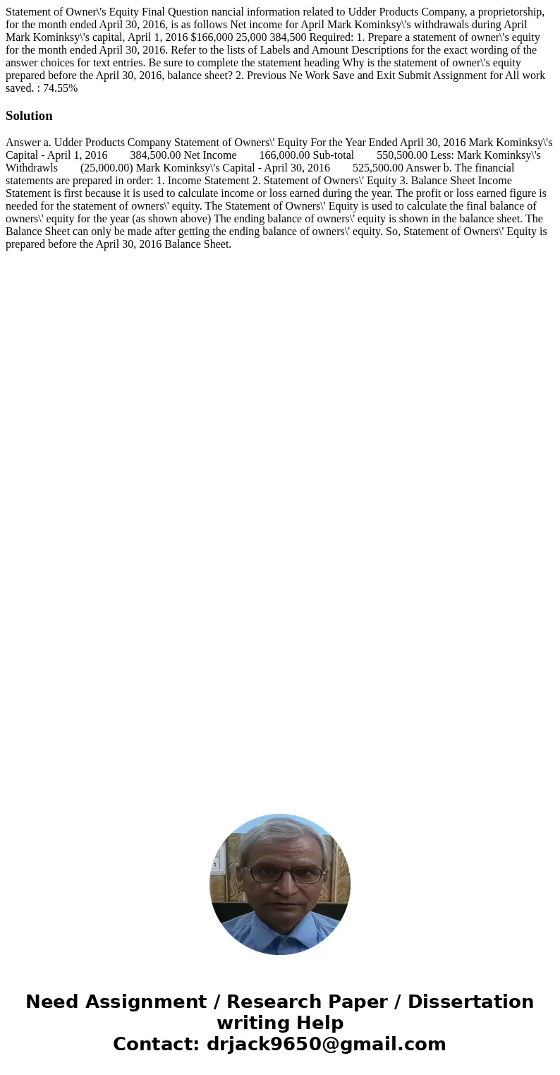 Statement of Owner\'s Equity Final Question nancial information related to Udder Products Company, a proprietorship, for the month ended April 30, 2016, is as   Statement of Owner\'s Equity Final Question nancial information related to Udder Products Company, a proprietorship, for the month ended April 30, 2016, is as
