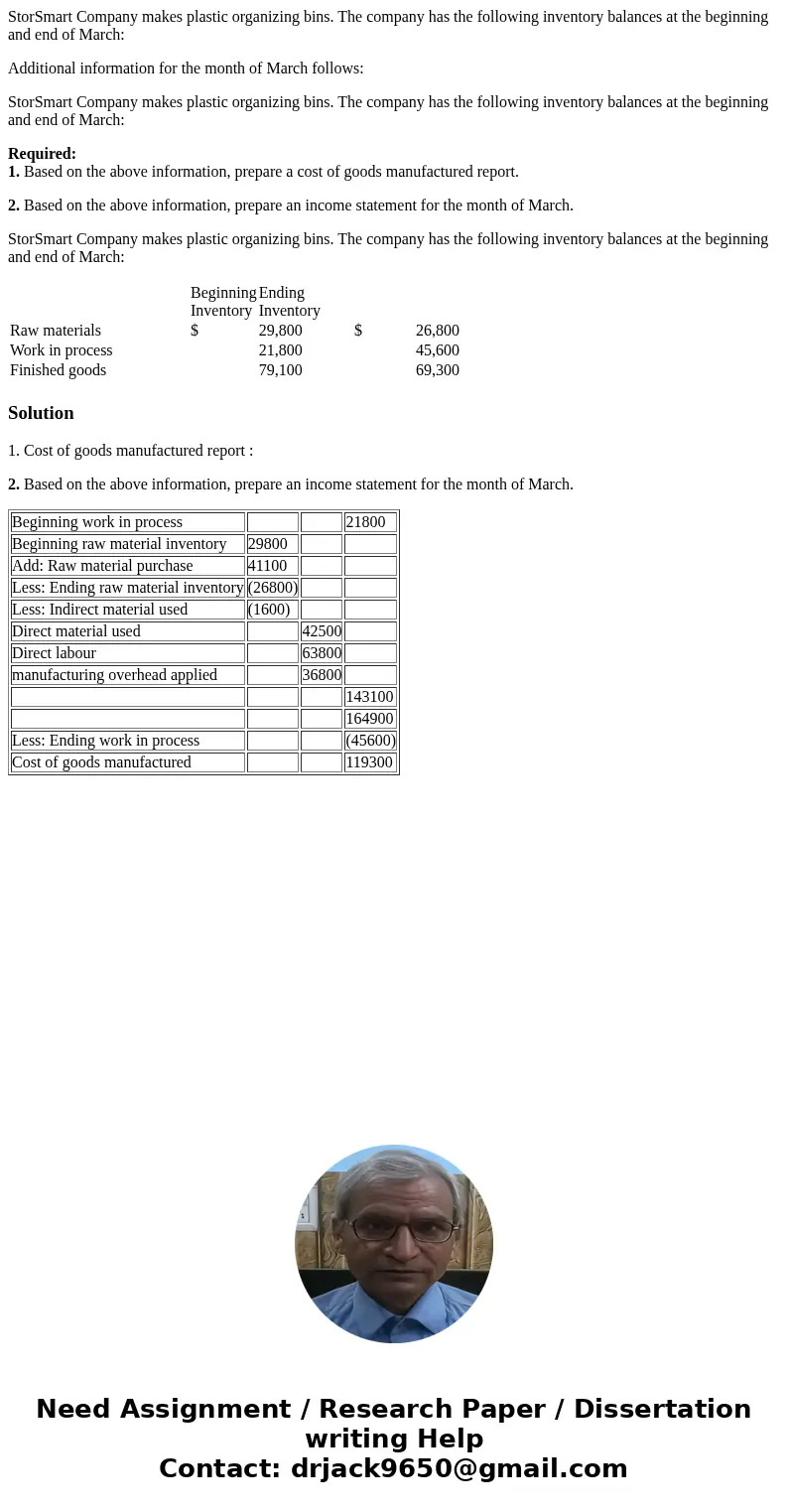 StorSmart Company makes plastic organizing bins. The company has the following inventory balances at the beginning and end of March: Additional information for 
