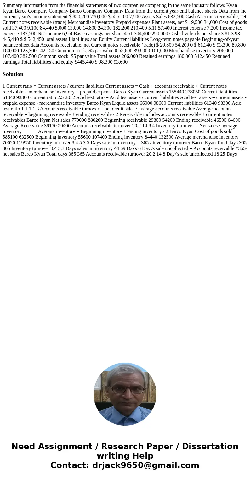 Summary information from the financial statements of two companies competing in the same industry follows Kyan Kyan Barco Company Company Barco Company Company  Summary information from the financial statements of two companies competing in the same industry follows Kyan Kyan Barco Company Company Barco Company Company