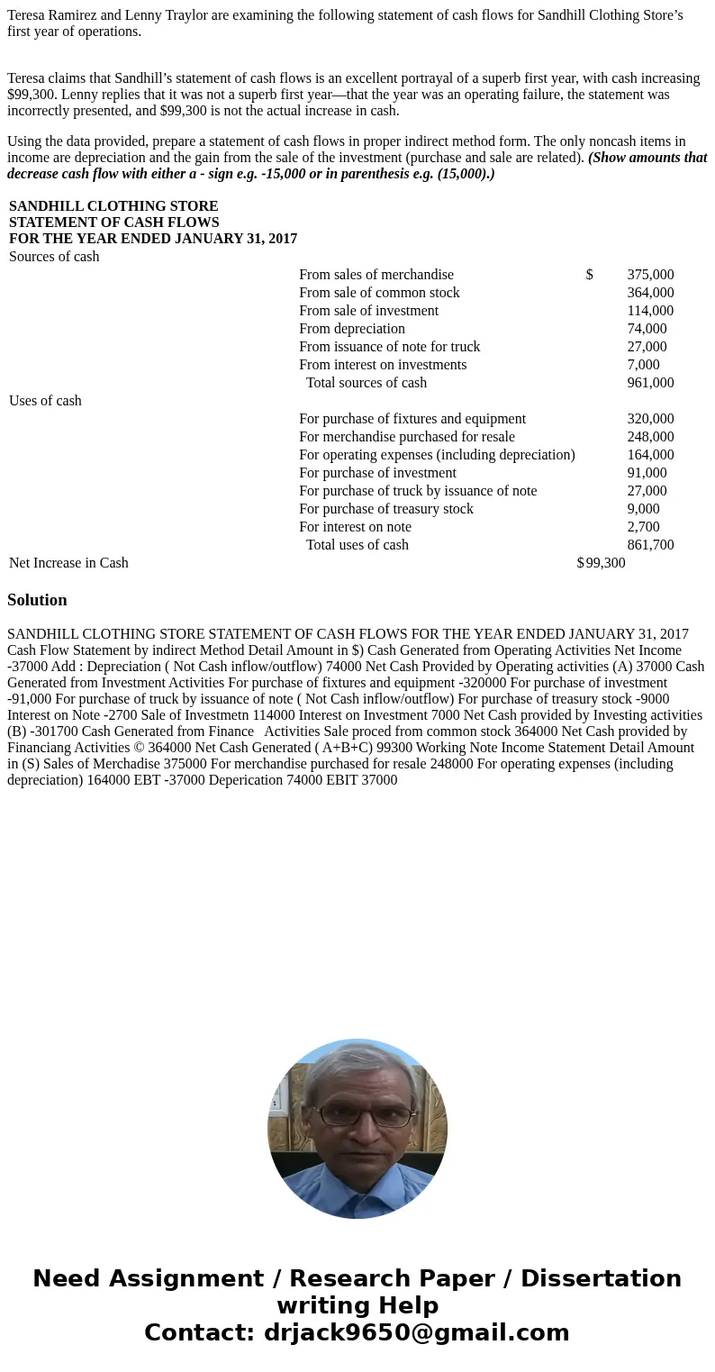 Teresa Ramirez and Lenny Traylor are examining the following statement of cash flows for Sandhill Clothing Store’s first year of operations. Teresa claims that 