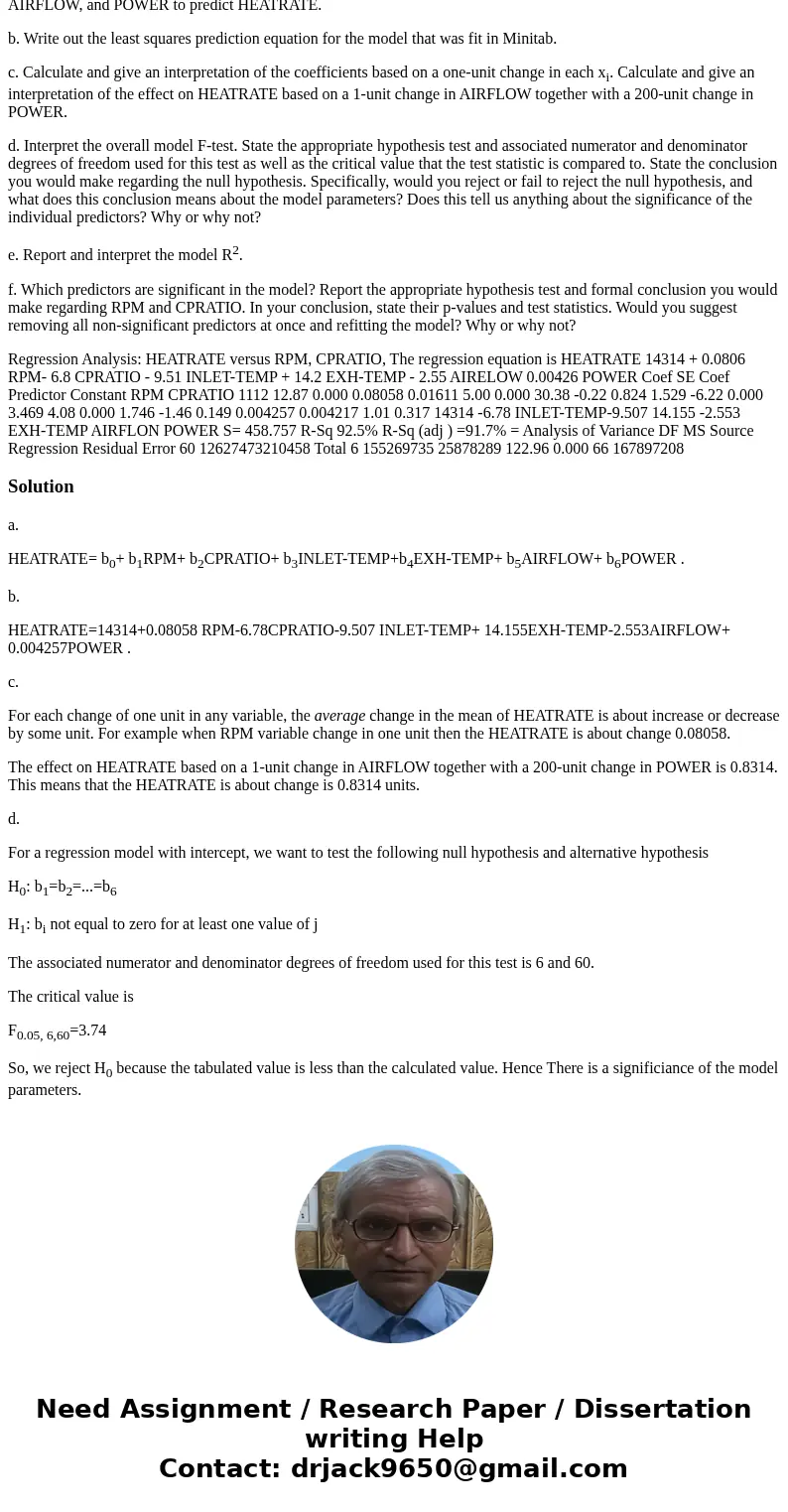 Thank you for your help, I\'m utterly lost. Consider the GASTURBINE data set and corresponding output from Minitab. Note that all tests should be performed at t Thank you for your help, I\'m utterly lost. Consider the GASTURBINE data set and corresponding output from Minitab. Note that all tests should be performed at t