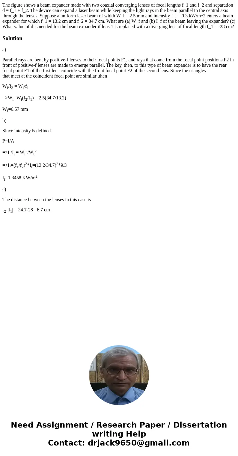 The figure shows a beam expander made with two coaxial converging lenses of focal lengths f_1 and f_2 and separation d = f_1 + f_2. The device can expand a las  The figure shows a beam expander made with two coaxial converging lenses of focal lengths f_1 and f_2 and separation d = f_1 + f_2. The device can expand a las