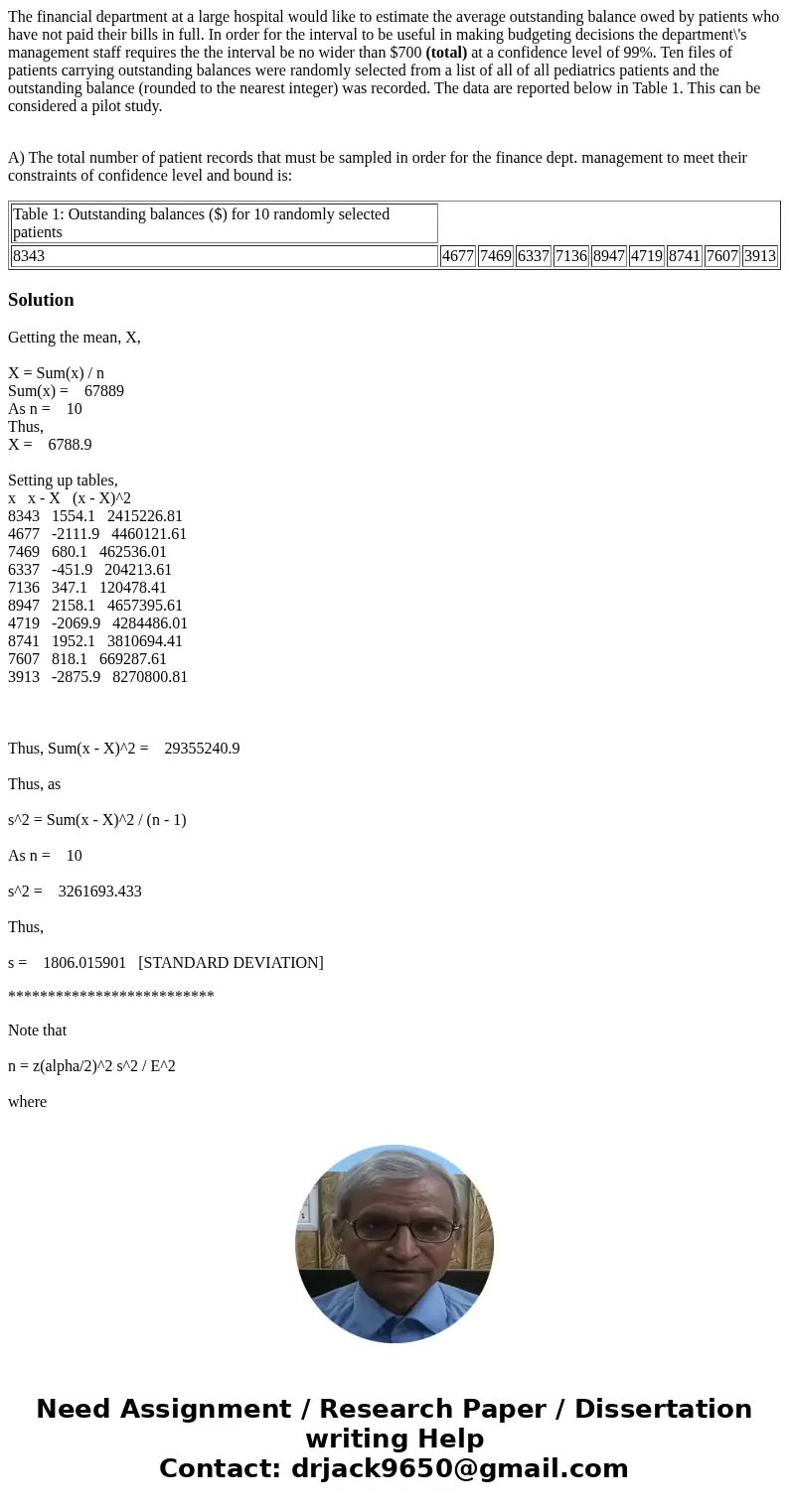 The financial department at a large hospital would like to estimate the average outstanding balance owed by patients who have not paid their bills in full. In o