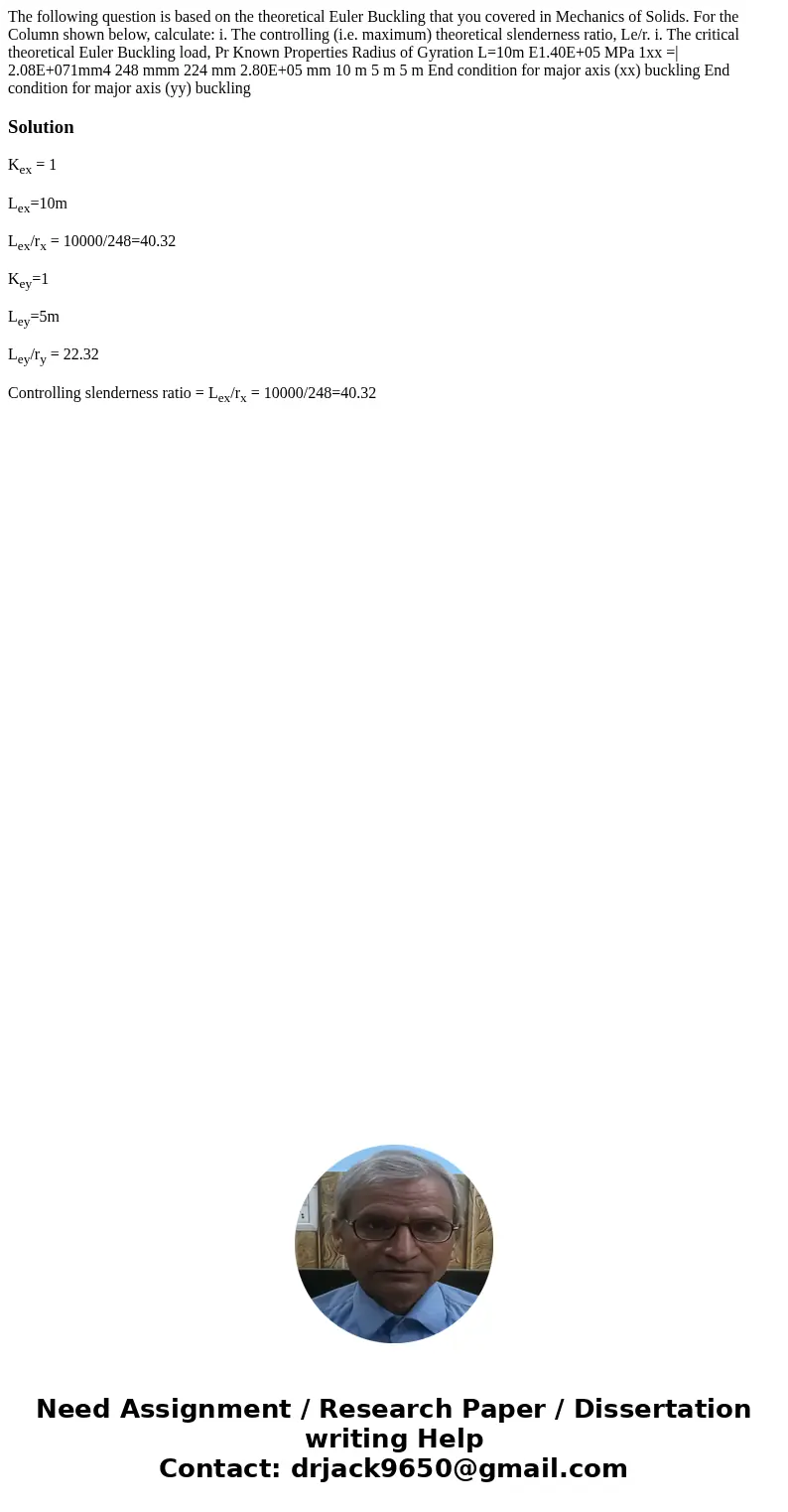 The following question is based on the theoretical Euler Buckling that you covered in Mechanics of Solids. For the Column shown below, calculate: i. The contro  The following question is based on the theoretical Euler Buckling that you covered in Mechanics of Solids. For the Column shown below, calculate: i. The contro