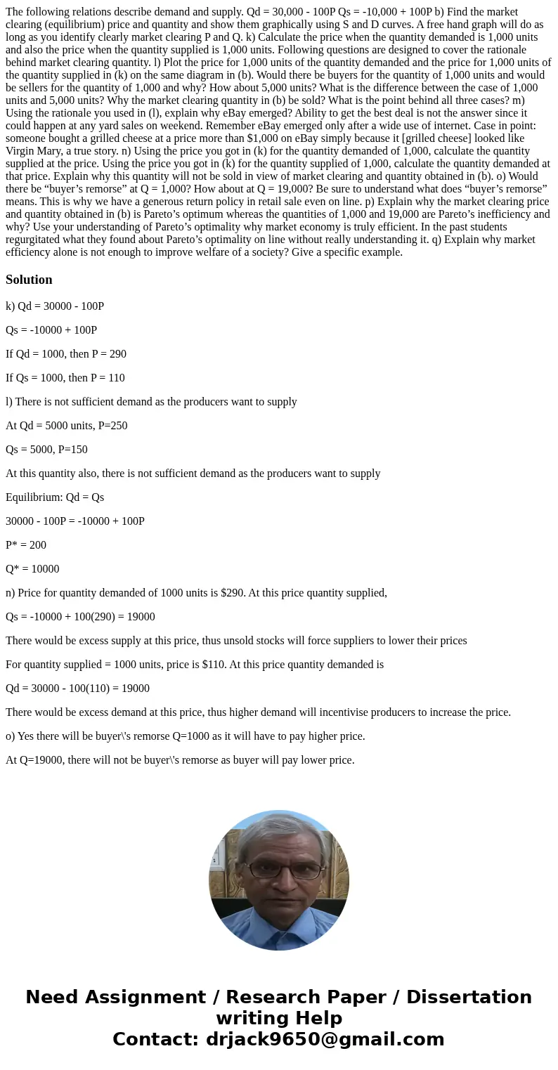 The following relations describe demand and supply. Qd = 30,000 - 100P Qs = -10,000 + 100P b) Find the market clearing (equilibrium) price and quantity and show The following relations describe demand and supply. Qd = 30,000 - 100P Qs = -10,000 + 100P b) Find the market clearing (equilibrium) price and quantity and show