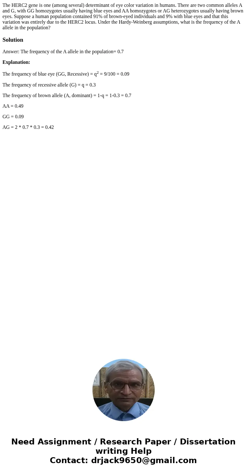 The HERC2 gene is one (among several) determinant of eye color variation in humans. There are two common alleles A and G, with GG homozygotes usually having blu The HERC2 gene is one (among several) determinant of eye color variation in humans. There are two common alleles A and G, with GG homozygotes usually having blu