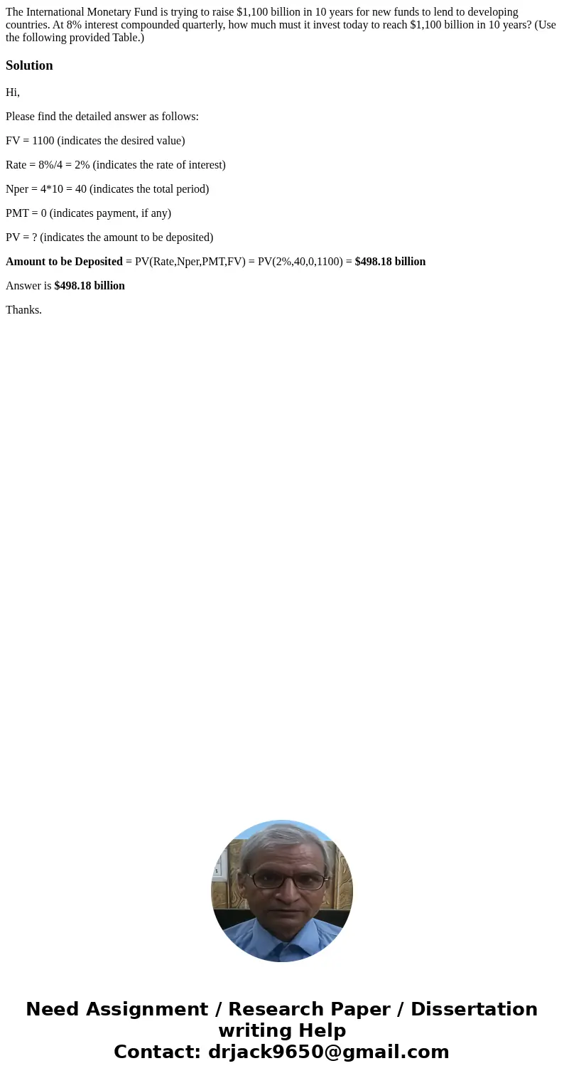The International Monetary Fund is trying to raise $1,100 billion in 10 years for new funds to lend to developing countries. At 8% interest compounded quarterly