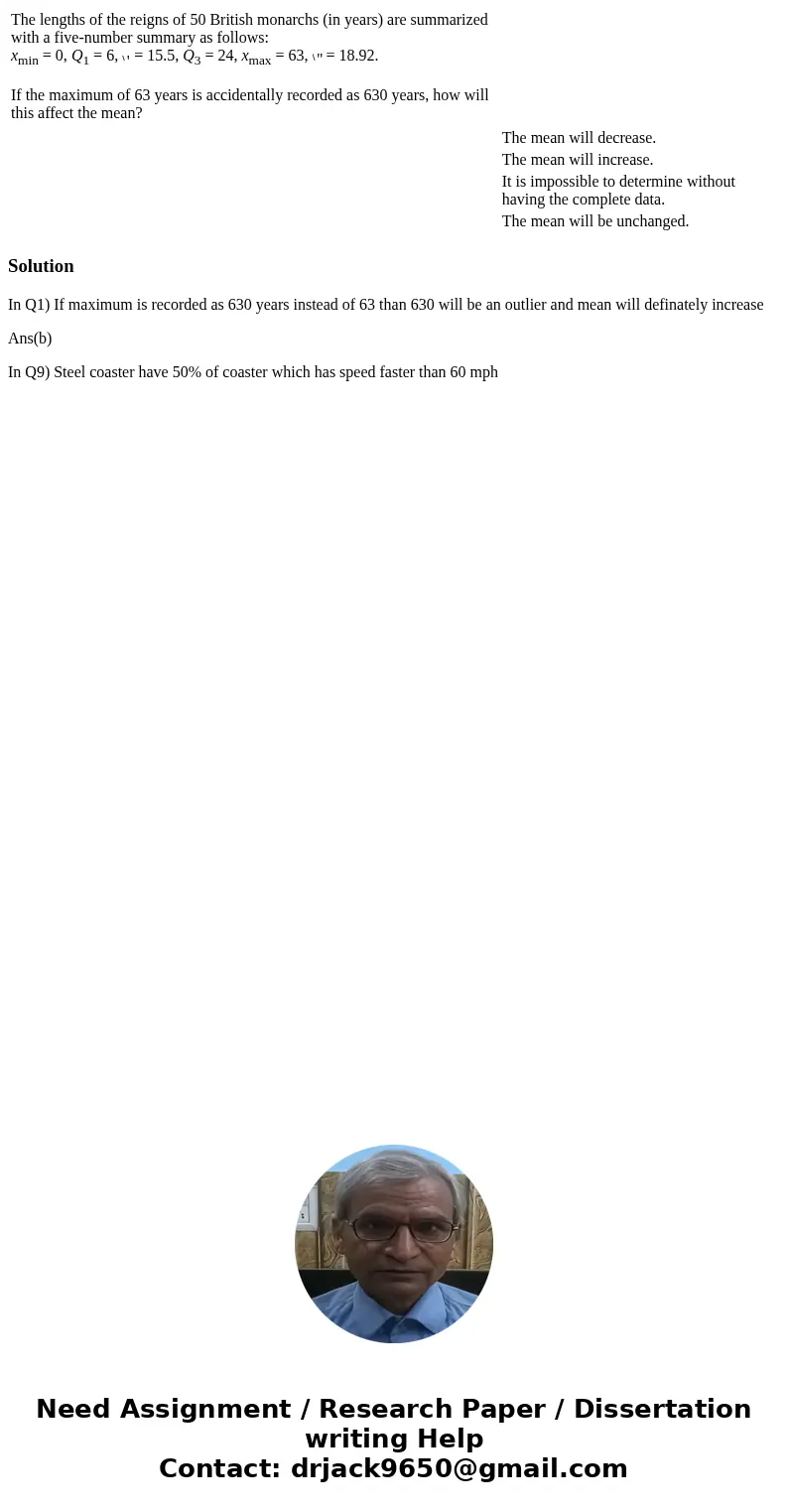  The lengths of the reigns of 50 British monarchs (in years) are summarized with a five-number summary as follows: xmin = 0, Q1 = 6, = 15.5, Q3 = 24, xmax = 63,